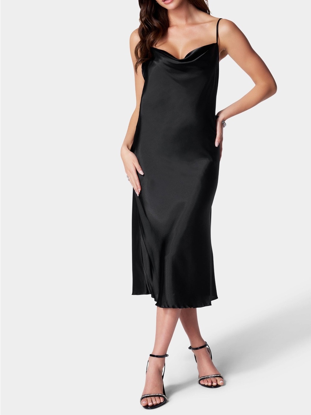 Bebe Satin Cowl Neck Slip Midi Dress Black Sz L